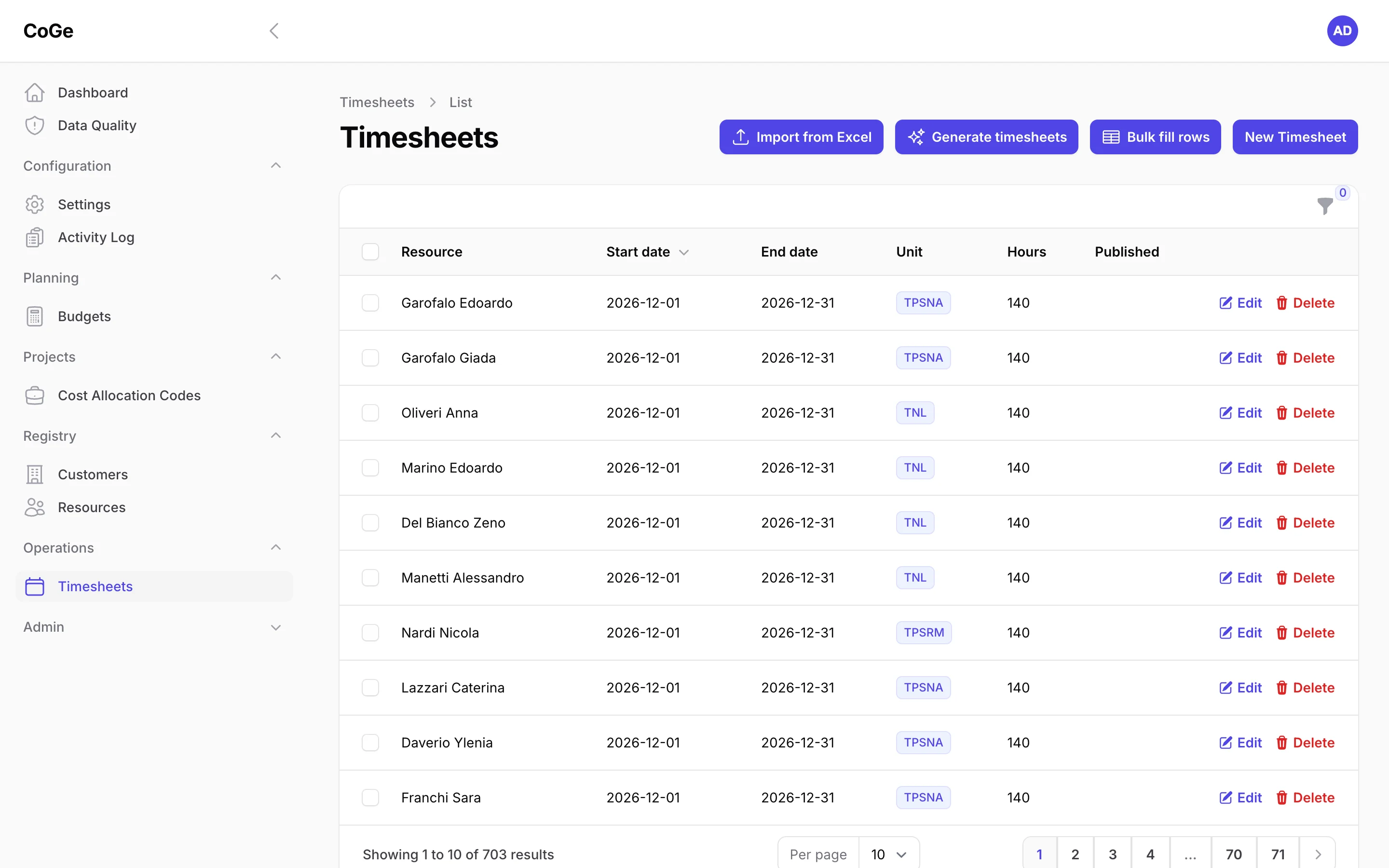 Timesheets + Excel import
